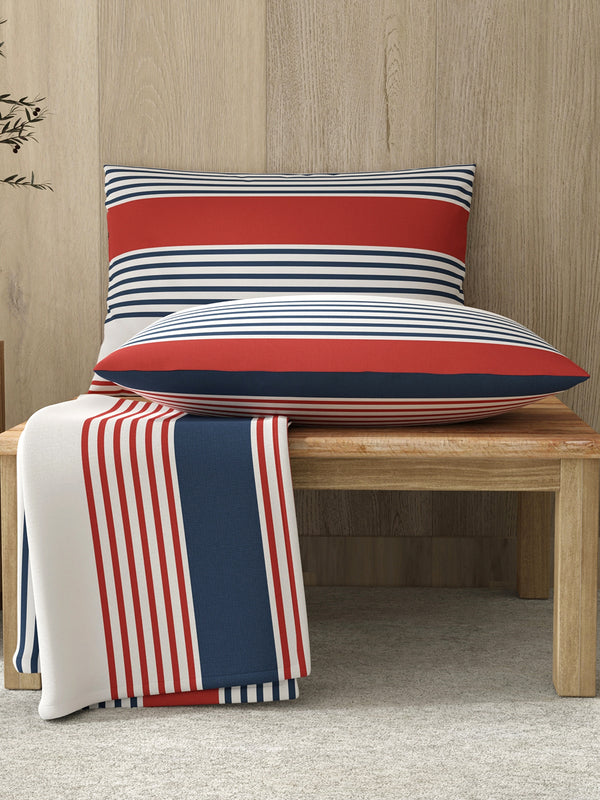 Zen 225 CVC Red & Blue Fun Stripes Double Size Bedsheet with 2 Pillow Covers