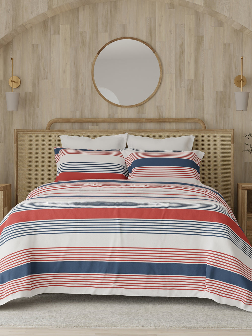 Zen 225 CVC Red & Blue Fun Stripes Double Size Bedsheet with 2 Pillow Covers