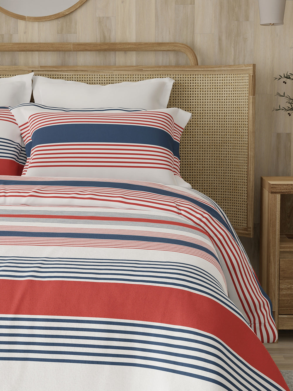 Zen 225 CVC Red & Blue Fun Stripes Double Size Bedsheet with 2 Pillow Covers