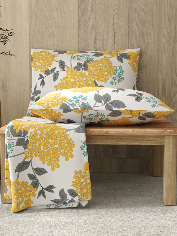 Zen 225 CVC Yellow Blossom Floral Double Size Bedsheet with 2 Pillow Covers