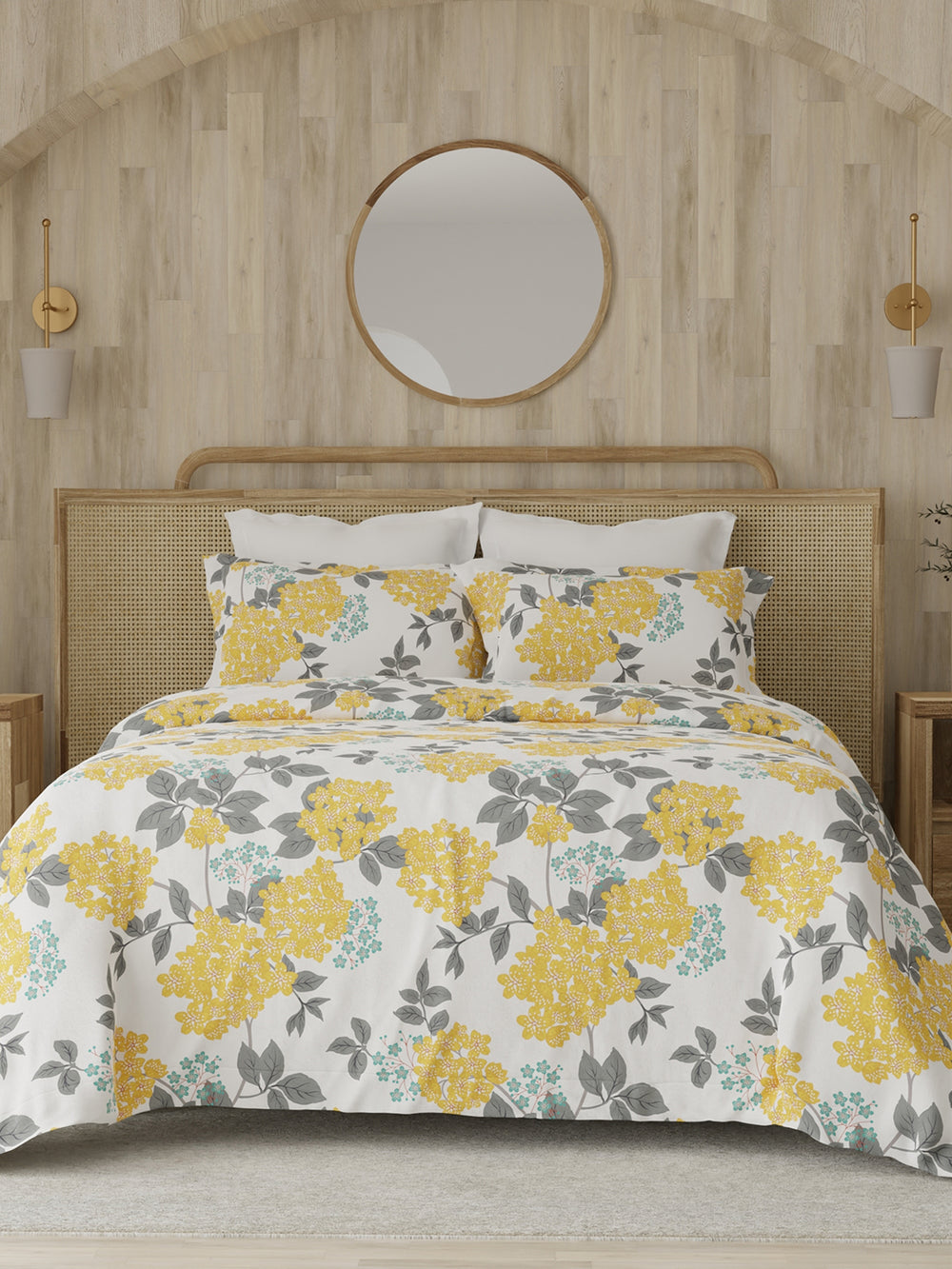 Zen 225 CVC Yellow Blossom Floral Double Size Bedsheet with 2 Pillow Covers