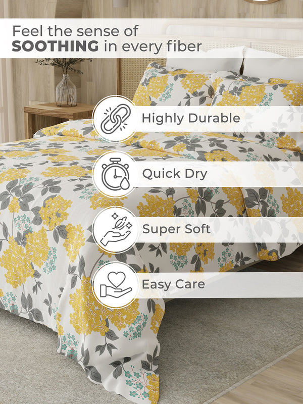 Zen 225 CVC Yellow Blossom Floral Double Size Bedsheet with 2 Pillow Covers