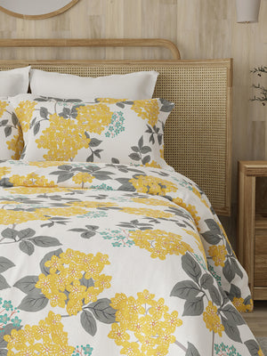 Zen 225 CVC Yellow Blossom Floral Double Size Bedsheet with 2 Pillow Covers