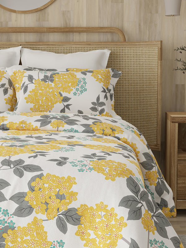 Zen 225 CVC Yellow Blossom Floral Double Size Bedsheet with 2 Pillow Covers