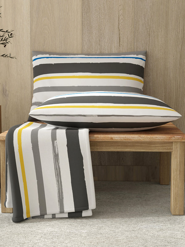 Zen 225 CVC Grey Stripes 1 King Size Bedsheet with 2 Pillow Covers