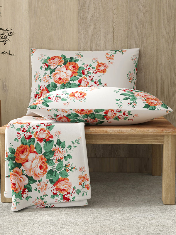 Zen 225 CVC Red White Floral 1 King Size Bedsheet with 2 Pillow Covers