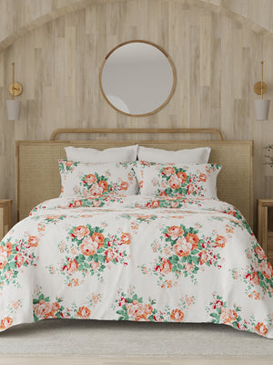 Zen 225 CVC Red White Floral 1 King Size Bedsheet with 2 Pillow Covers