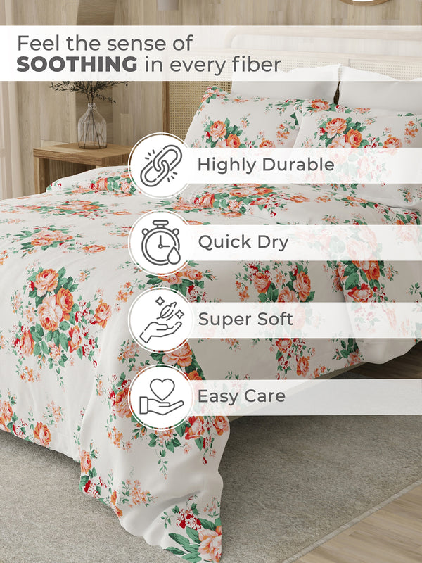 Zen 225 CVC Red White Floral 1 King Size Bedsheet with 2 Pillow Covers