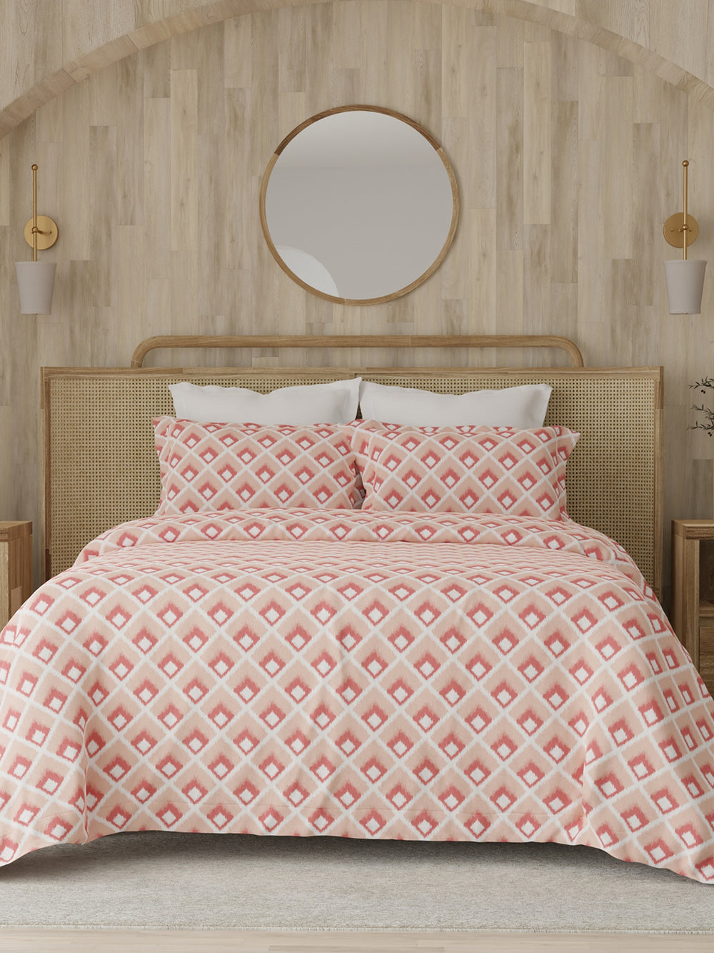 Zen 225 CVC Coral Ikat King Size Bedsheet with 2 Pillow Covers