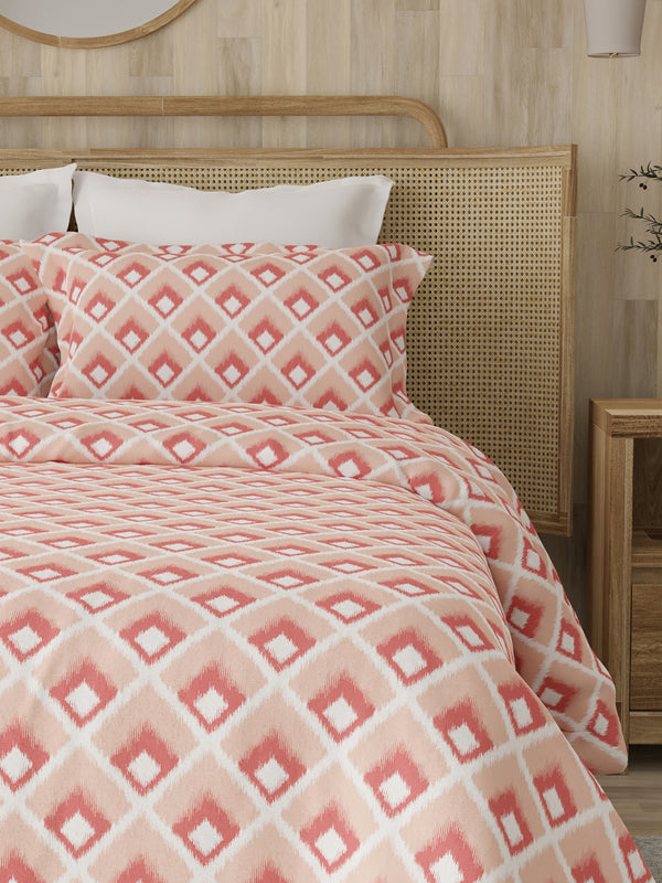 Zen 225 CVC Coral Ikat King Size Bedsheet with 2 Pillow Covers