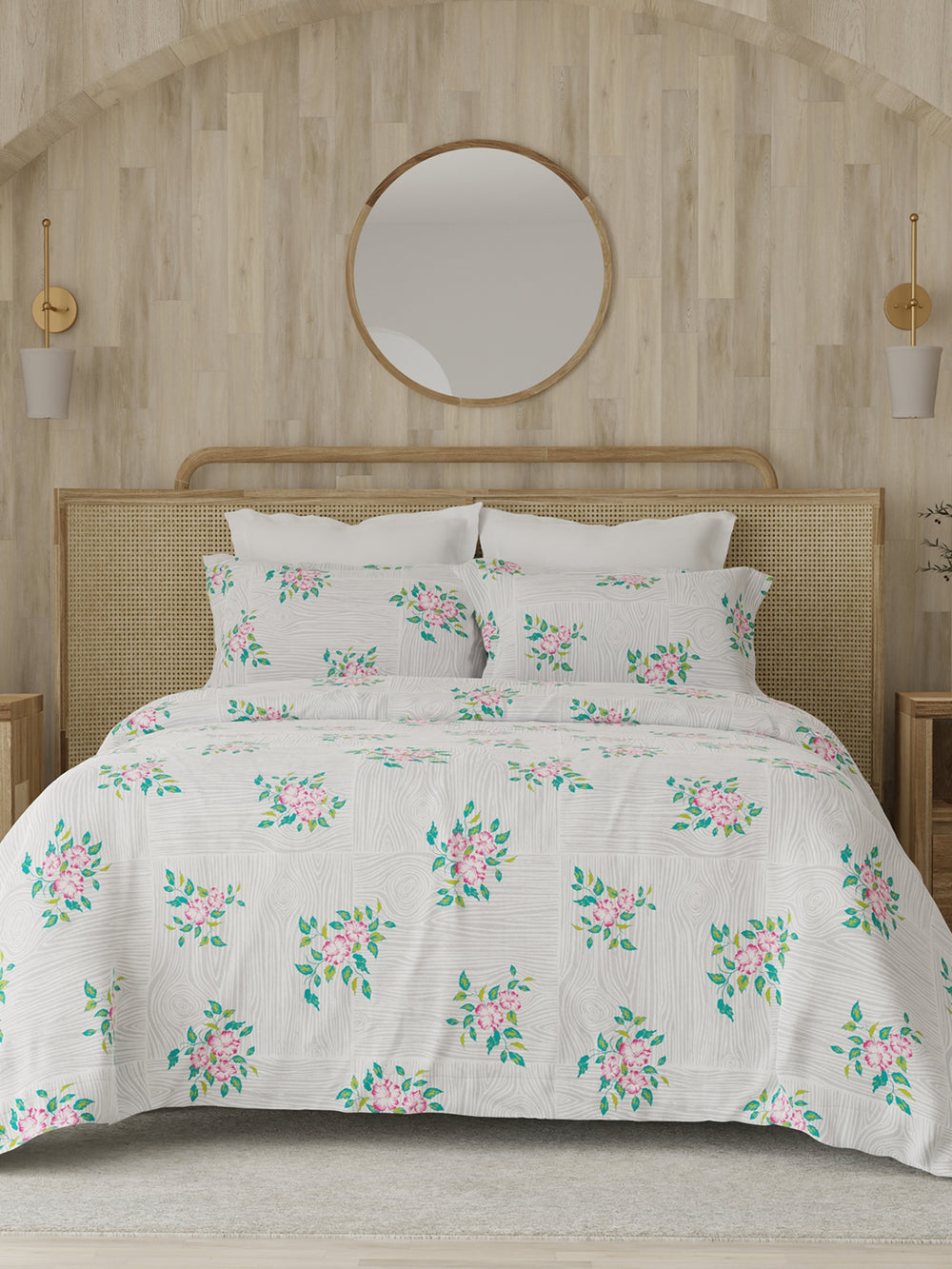 Zen 225 CVC Grey Woody Floret Double Size Bedsheet with 2 Pillow Covers