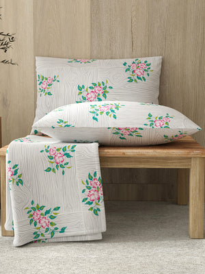 Zen 225 CVC Grey Floral 1 King Size Bedsheet with 2 Pillow Covers