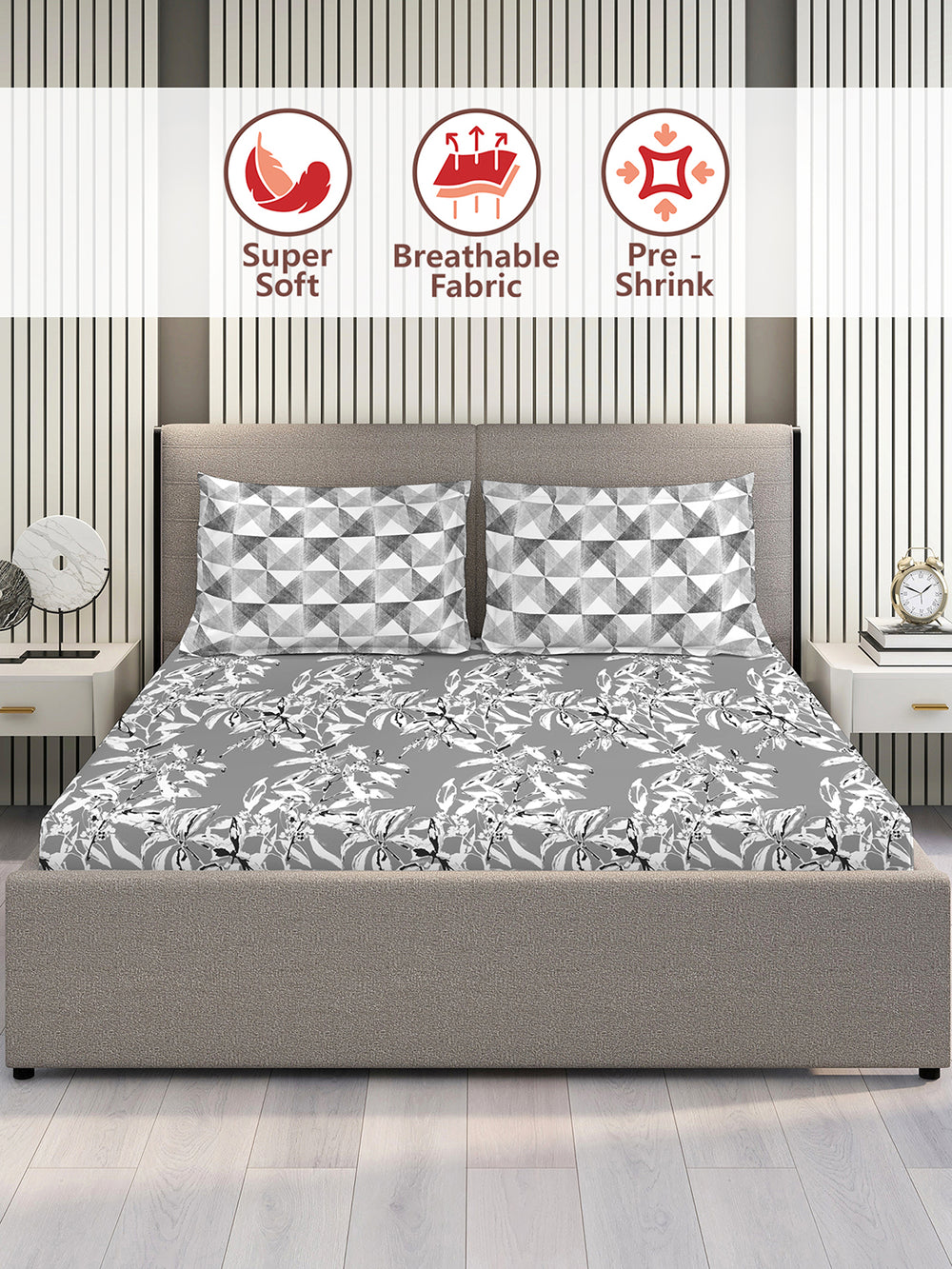 Illuminating Homes 100% Cotton 144 TC Grey Floral 1 King Size Bedsheet with 2 Pillow Covers