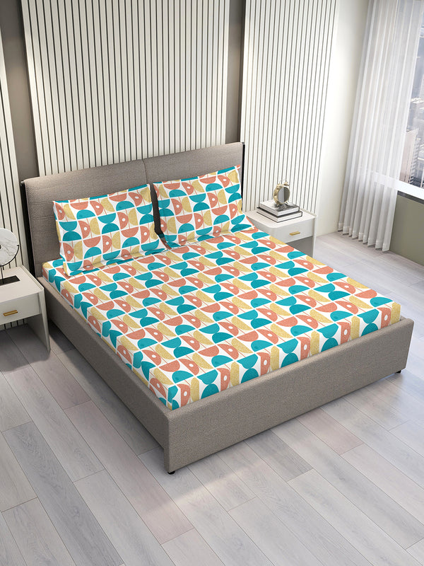 Duracount 225 CVC Multicolor Geometrical 1 King Size Bedsheet with 2 Pillow Covers
