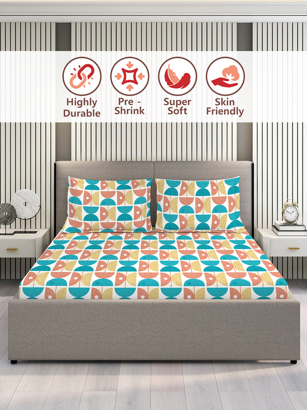 Duracount 225 CVC Multicolor Geometrical King Size Bedsheet with 2 Pillow Covers