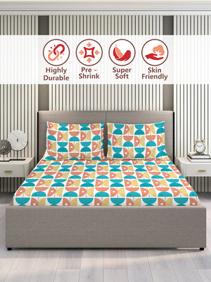 Duracount 225 CVC Multicolor Geometrical 1 King Size Bedsheet with 2 Pillow Covers