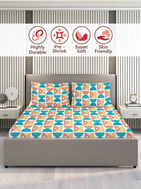 Duracount 225 CVC Multicolor Geometrical 1 King Size Bedsheet with 2 Pillow Covers
