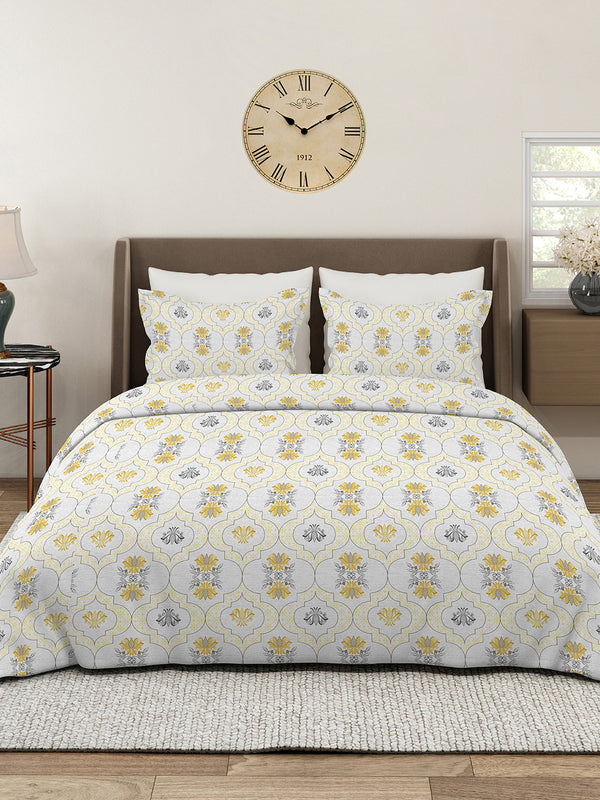 Aura Microfibre 110 GSM White Ethnic 1 Double Size Bedsheet with 2 Pillow Covers
