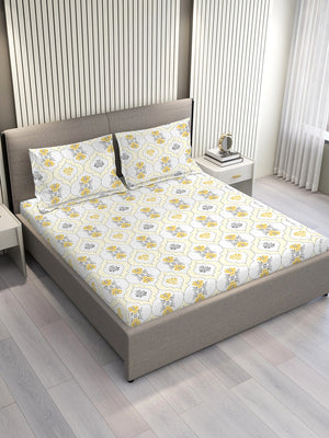 Aura Microfibre 110 GSM White Ethnic 1 Double Size Bedsheet with 2 Pillow Covers