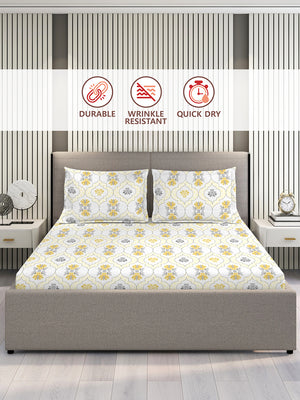 Aura Microfibre 110 GSM White Ethnic 1 Double Size Bedsheet with 2 Pillow Covers