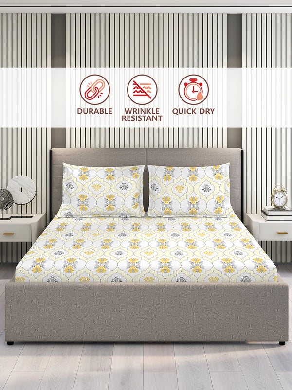 Aura Microfibre 110 GSM White Ethnic 1 Double Size Bedsheet with 2 Pillow Covers
