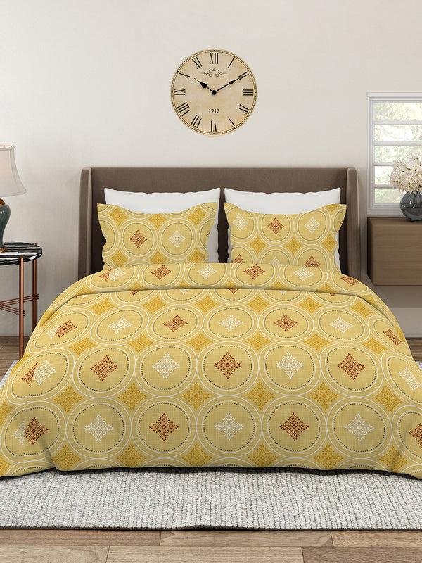 Aura Microfibre 110 GSM Yellow Geometrical 1 Double Size Bedsheet with 2 Pillow Covers