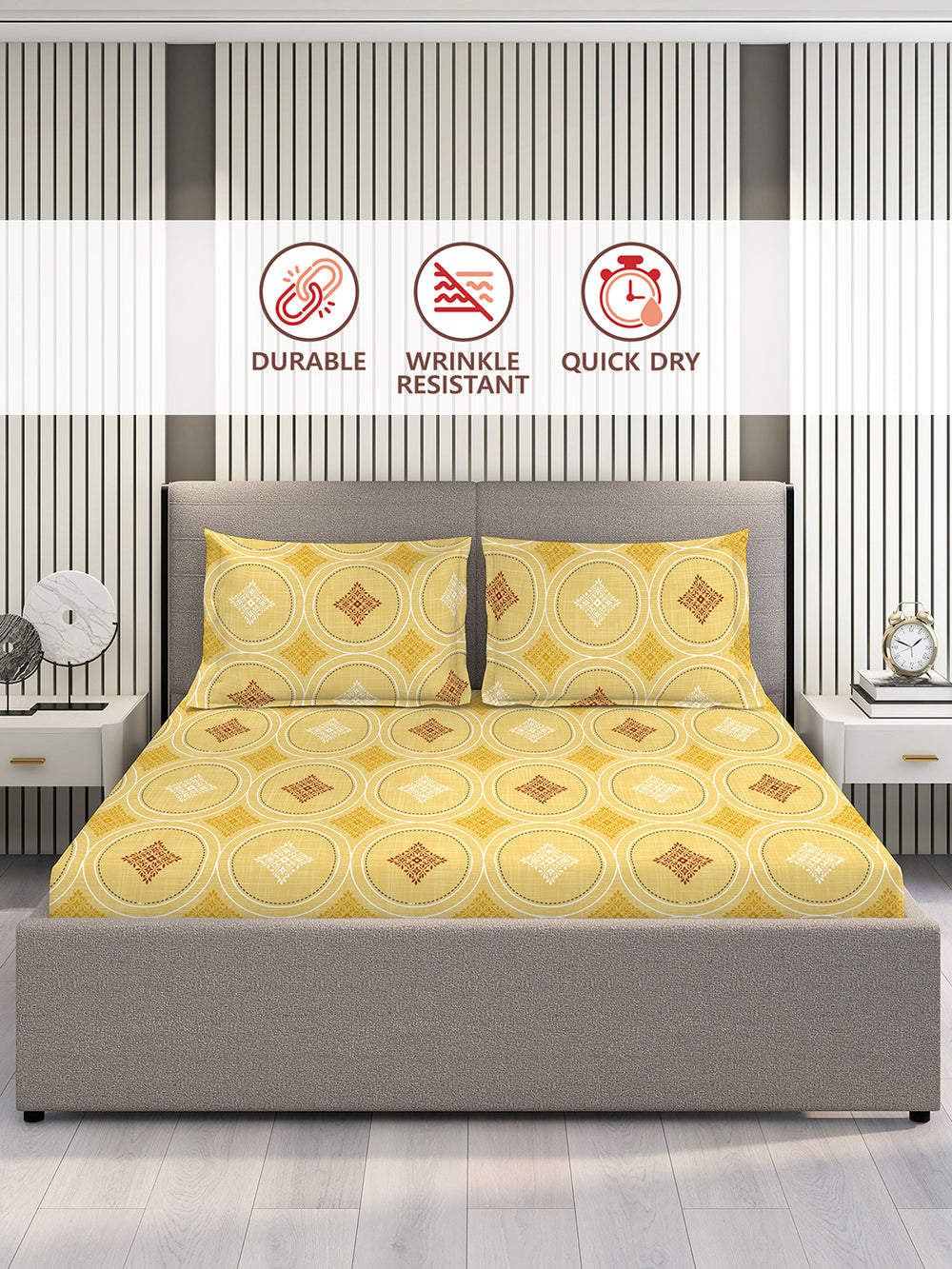 Aura Microfibre 110 GSM Yellow Geometrical Double Size Bedsheet with 2 Pillow Covers
