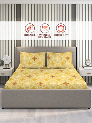 Aura Microfibre 110 GSM Yellow Geometrical 1 Double Size Bedsheet with 2 Pillow Covers