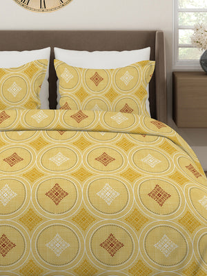 Aura Microfibre 110 GSM Yellow Geometrical 1 Double Size Bedsheet with 2 Pillow Covers