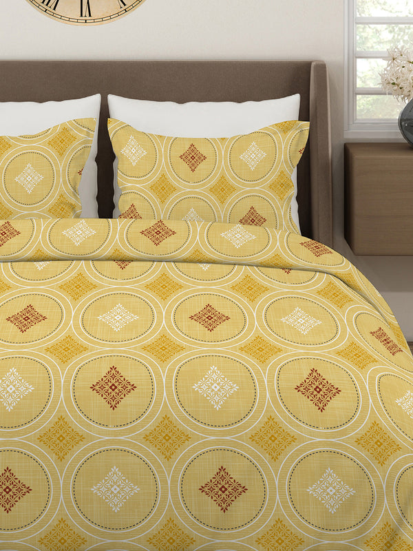 Aura Microfibre 110 GSM Yellow Geometrical 1 Double Size Bedsheet with 2 Pillow Covers