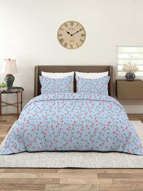 Aria Microfibre 125 GSM Blue Floral 1 Double Size Bedsheet with 2 Pillow Covers