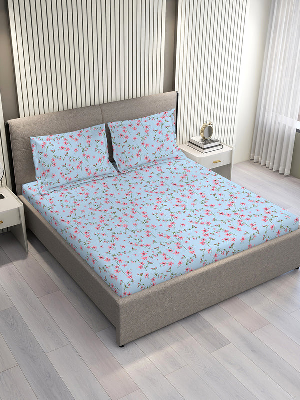 Aria Microfibre 125 GSM Blue Floral 1 Double Size Bedsheet with 2 Pillow Covers