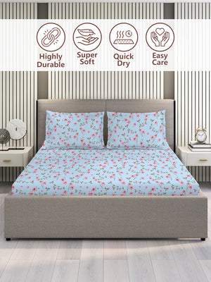 Aria Microfibre 125 GSM Blue Floral 1 Double Size Bedsheet with 2 Pillow Covers