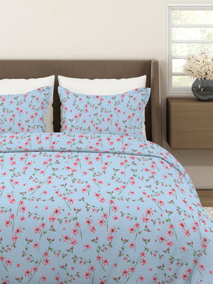 Aria Microfibre 125 GSM Blue Floral 1 Double Size Bedsheet with 2 Pillow Covers