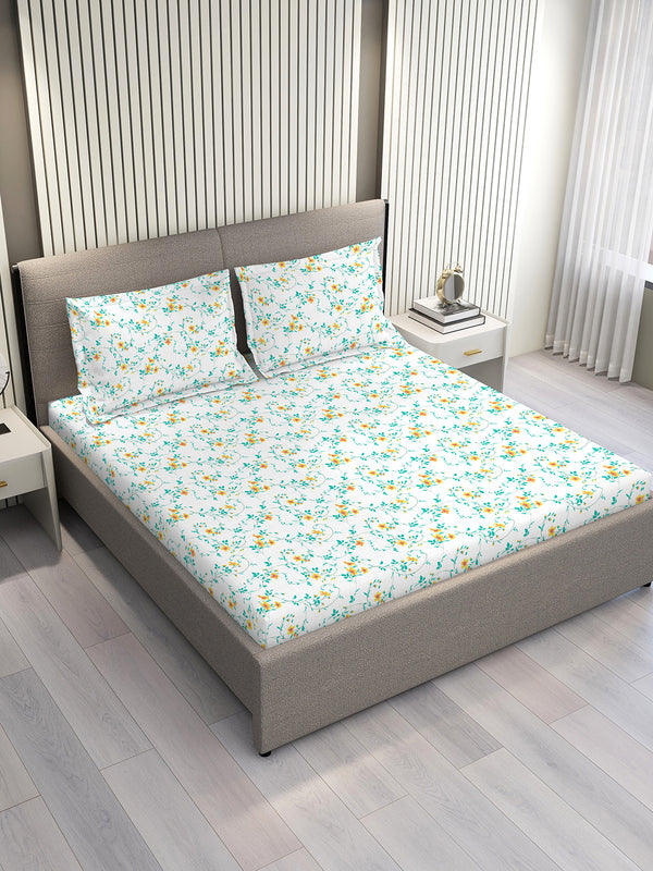 Aria Microfibre 125 GSM Blue & White Floral 1 Double Size Bedsheet with 2 Pillow Covers