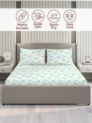 Aria Microfibre 125 GSM Blue & White Floral 1 Double Size Bedsheet with 2 Pillow Covers