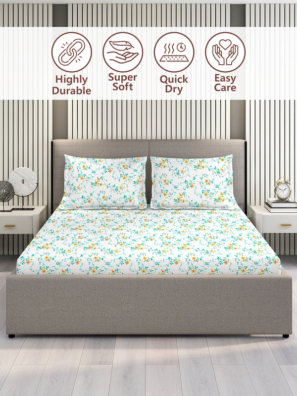 Aria Microfibre 125 GSM Blue & White Floral 1 Double Size Bedsheet with 2 Pillow Covers