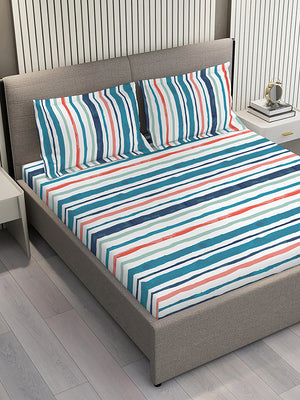 Duracount 225 CVC Blue Stripes King Size Bedsheet with 2 Pillow Covers
