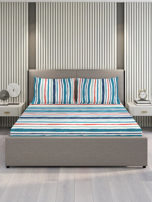 Duracount 225 CVC Blue Stripes King Size Bedsheet with 2 Pillow Covers