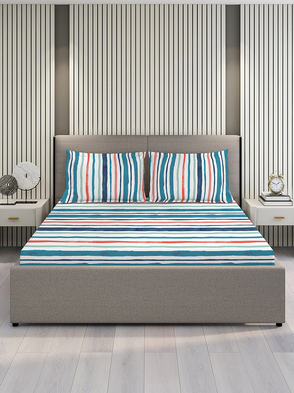 Duracount 225 CVC Blue Stripes King Size Bedsheet with 2 Pillow Covers