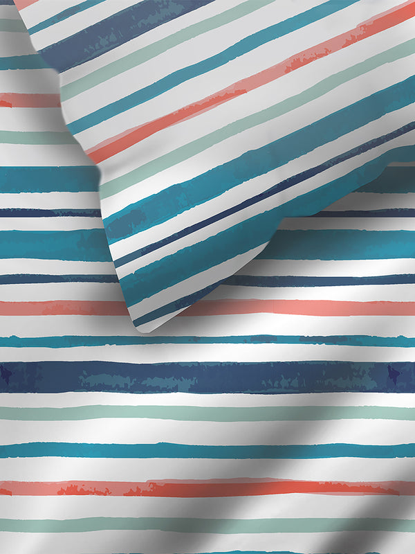 Duracount 225 CVC Blue Stripes King Size Bedsheet with 2 Pillow Covers