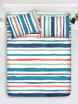 Duracount 225 CVC Blue Stripes King Size Bedsheet with 2 Pillow Covers
