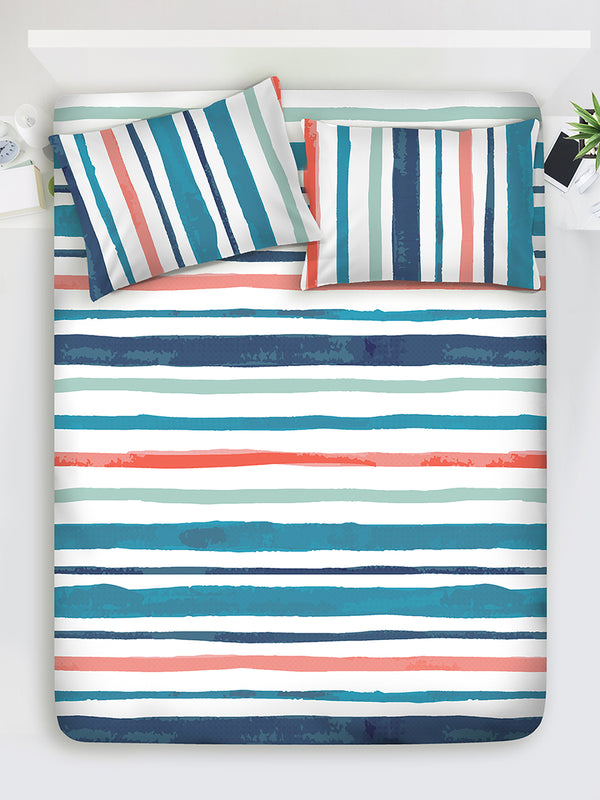 Duracount 225 CVC Blue Stripes King Size Bedsheet with 2 Pillow Covers