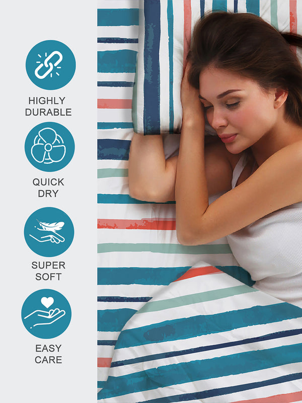 Duracount 225 CVC Blue Stripes King Size Bedsheet with 2 Pillow Covers