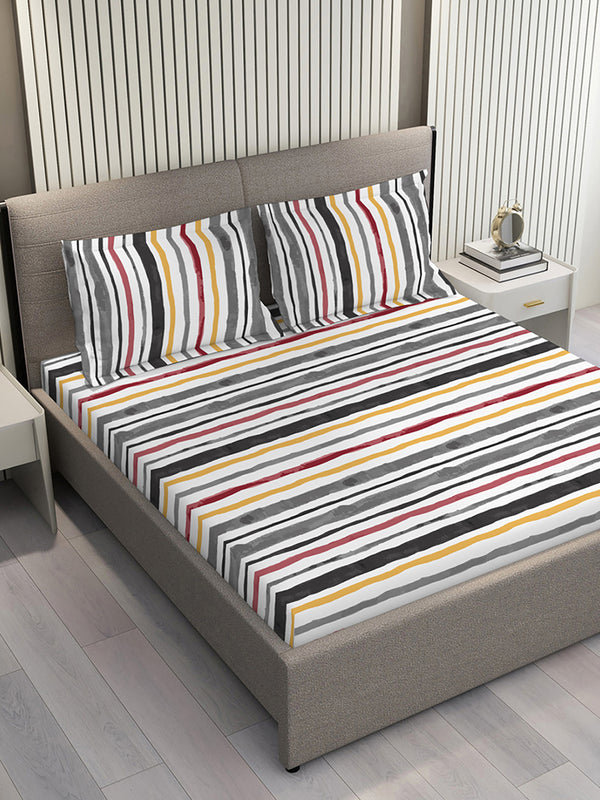 Duracount 225 CVC Grey Stripes King Size Bedsheet with 2 Pillow Covers