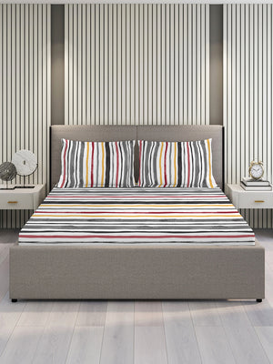 Duracount 225 CVC Grey Stripes King Size Bedsheet with 2 Pillow Covers