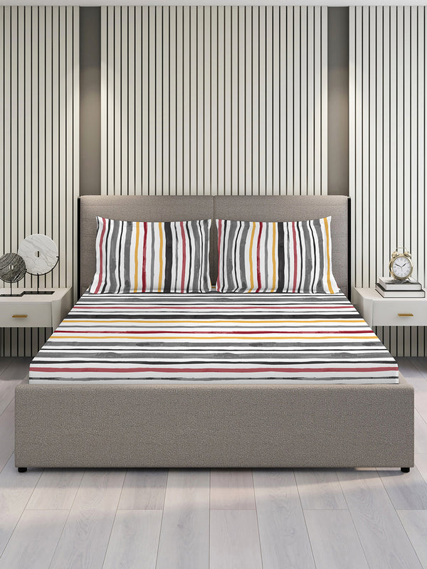 Duracount 225 CVC Grey Stripes King Size Bedsheet with 2 Pillow Covers