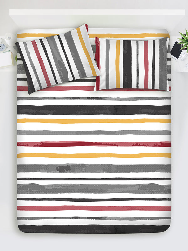 Duracount 225 CVC Grey Stripes King Size Bedsheet with 2 Pillow Covers