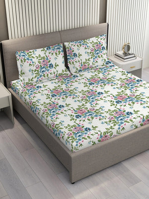 Duracount 225 CVC Multicolor Floral 1 King Size Bedsheet with 2 Pillow Covers