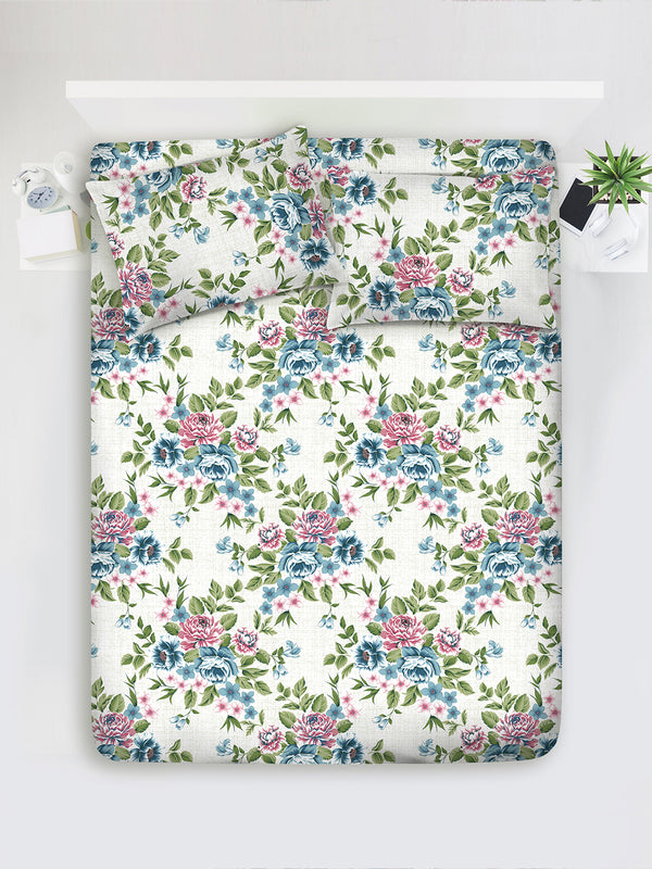 Duracount 225 CVC Multicolor Floral 1 King Size Bedsheet with 2 Pillow Covers
